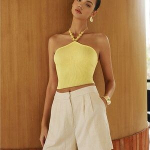 Commense Yellow Ribbed Knit Halter Crop Top